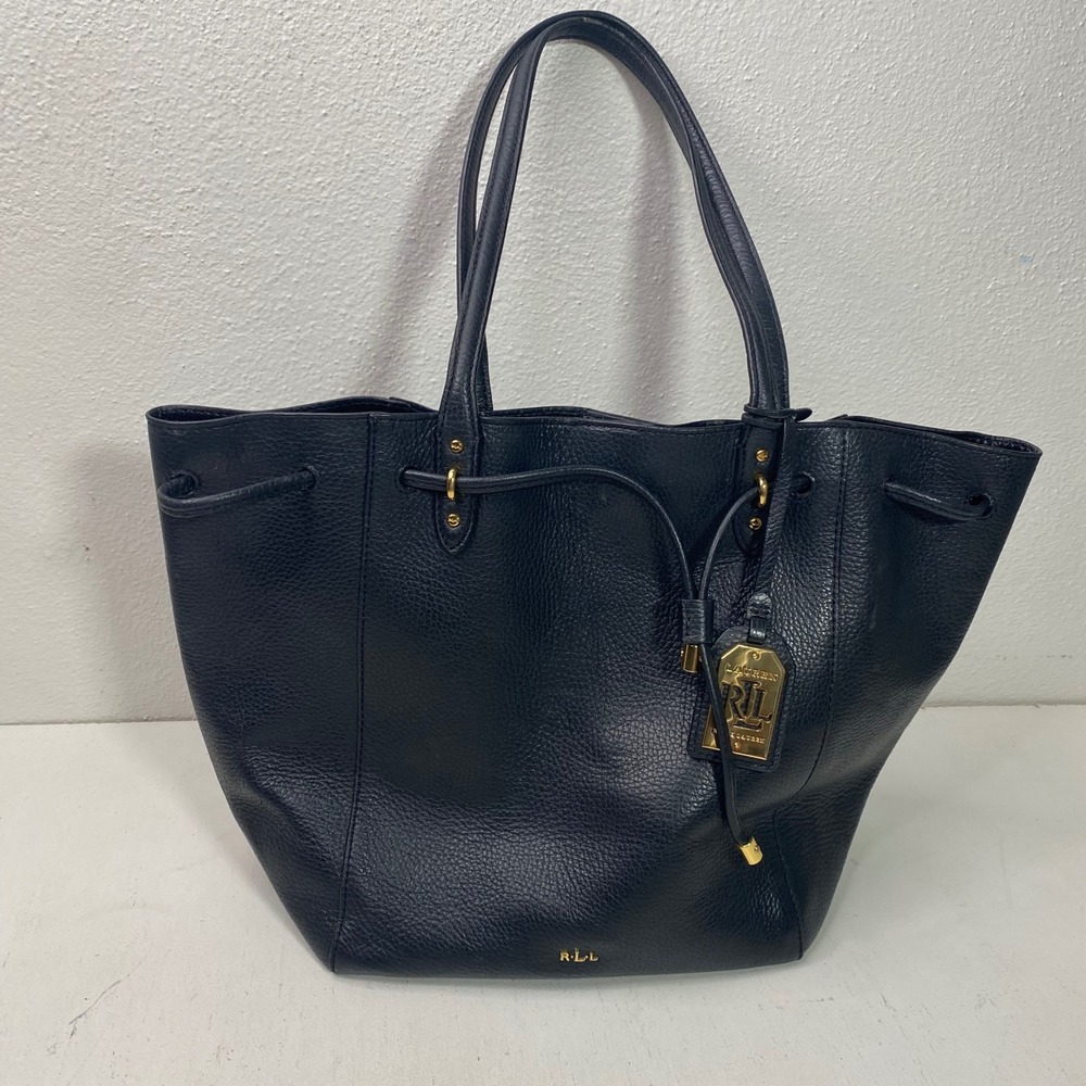 Lauren Ralph Lauren Equestrian Drawstring Tote Bucket Bag Black Pebbled Leather